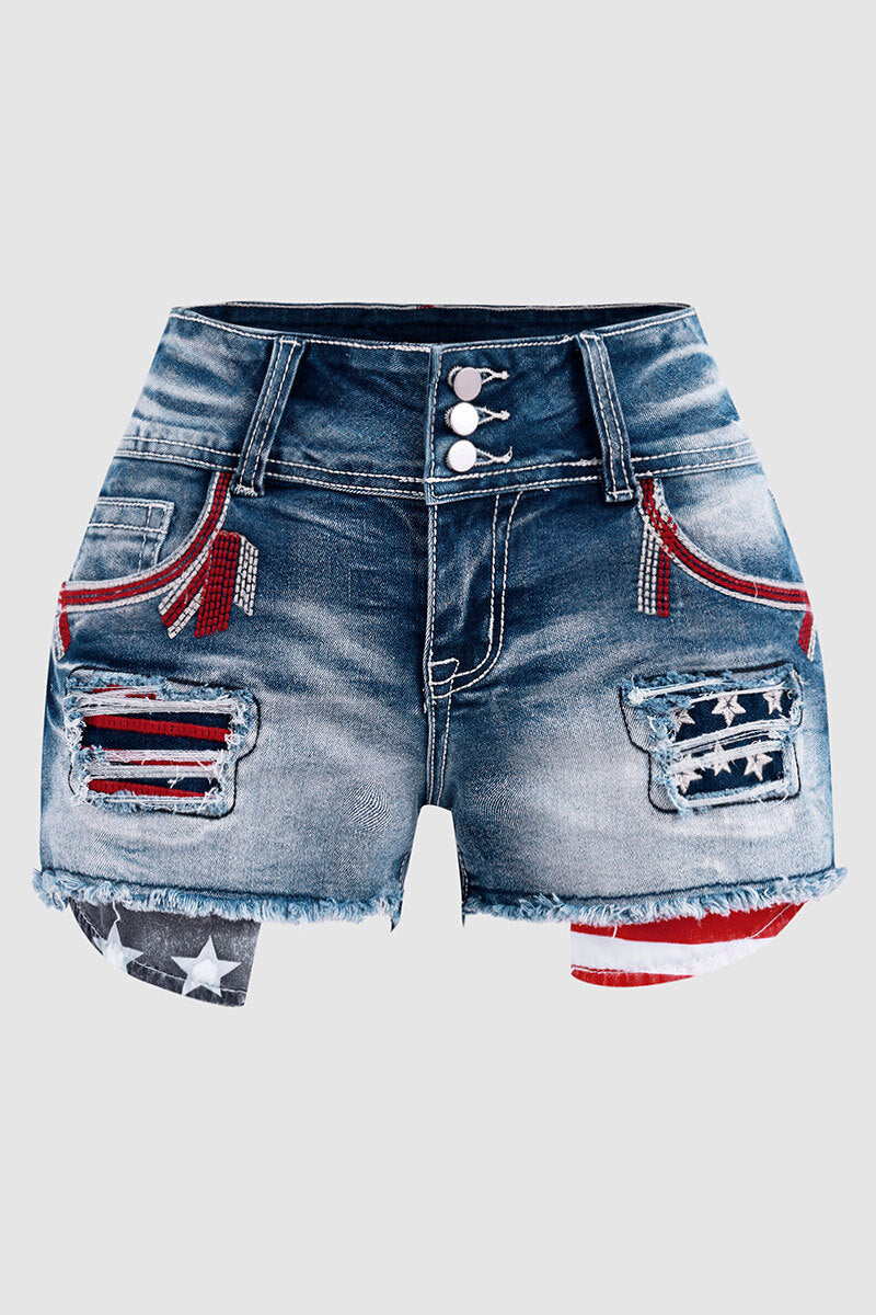 American Flag Patched Button Fly Cut Out Denim Shorts