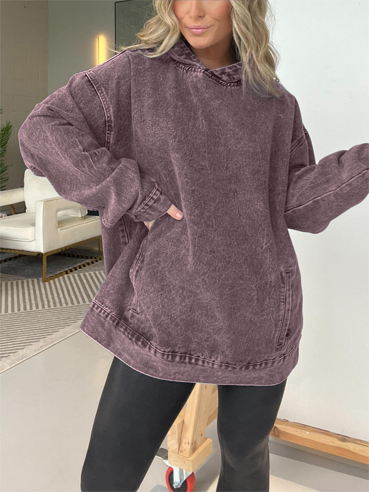 Denim Hooded Sweatshirt with Front Pockets