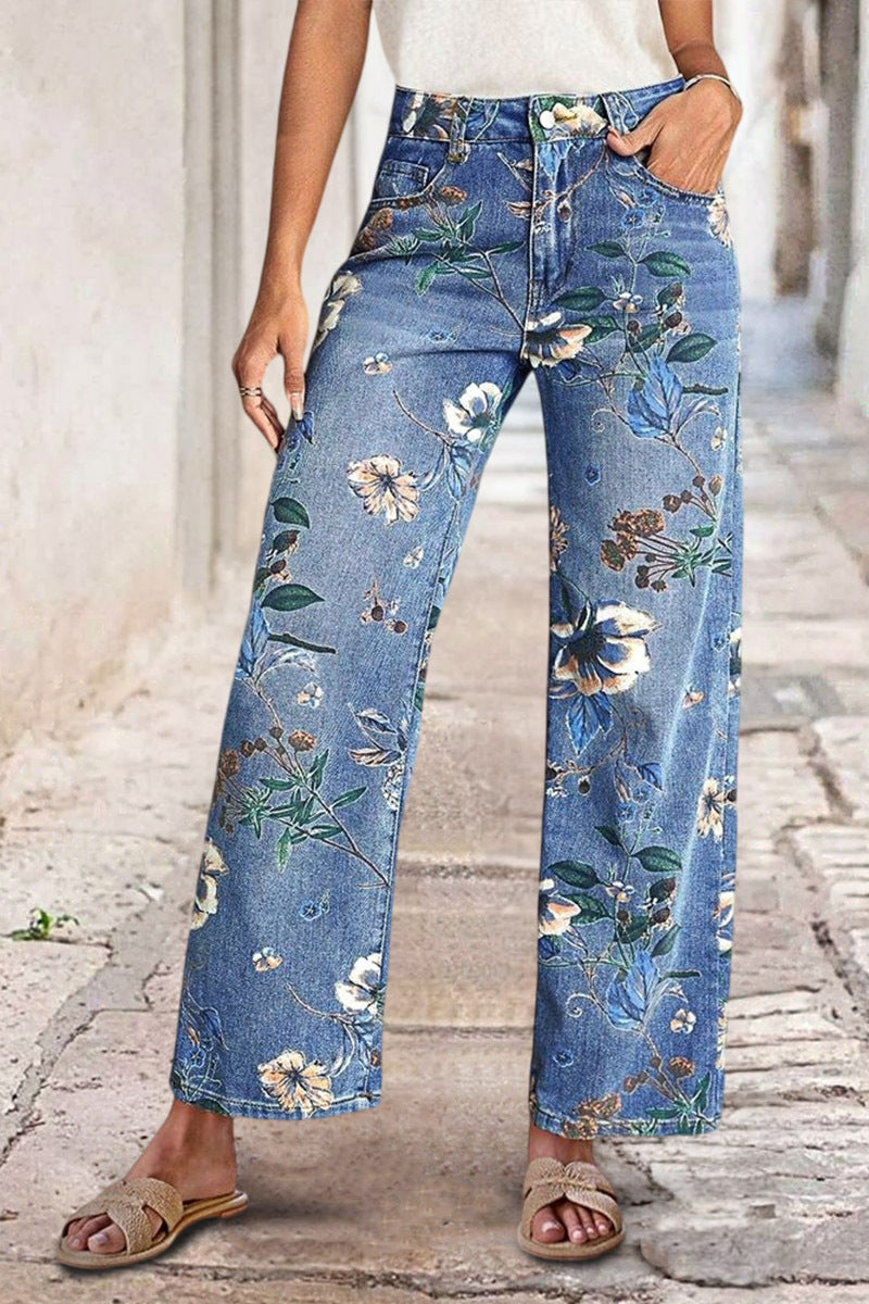 Allover Floral Pattern Straight Leg High Rise Crop Jeans