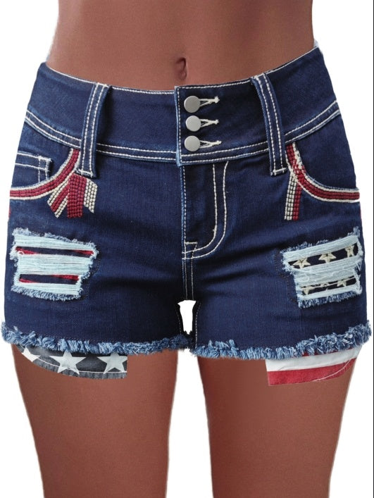 American Flag Patched Button Fly Cut Out Denim Shorts