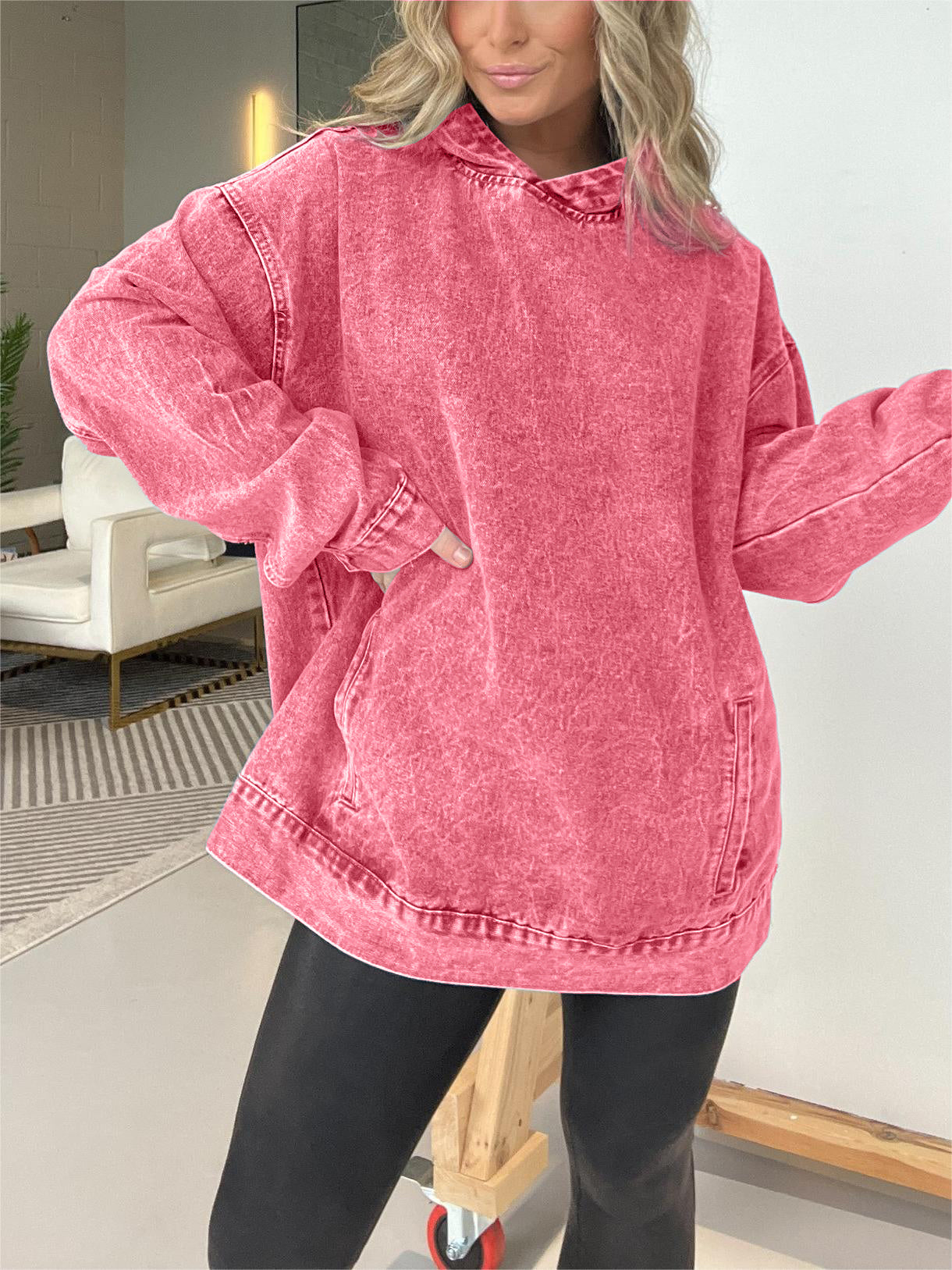 Denim Hooded Sweatshirt with Front Pockets