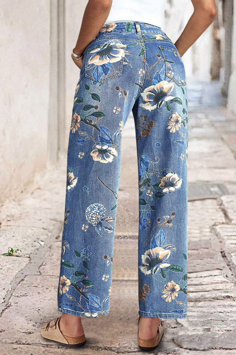 Allover Floral Pattern Straight Leg High Rise Crop Jeans