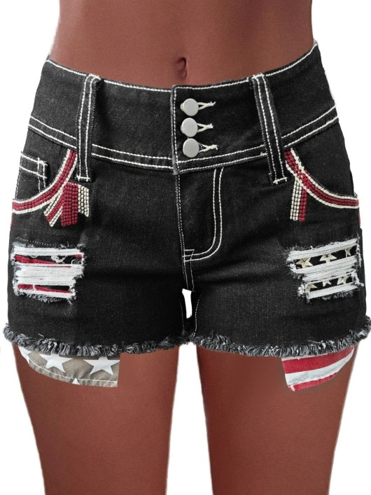 American Flag Patched Button Fly Cut Out Denim Shorts