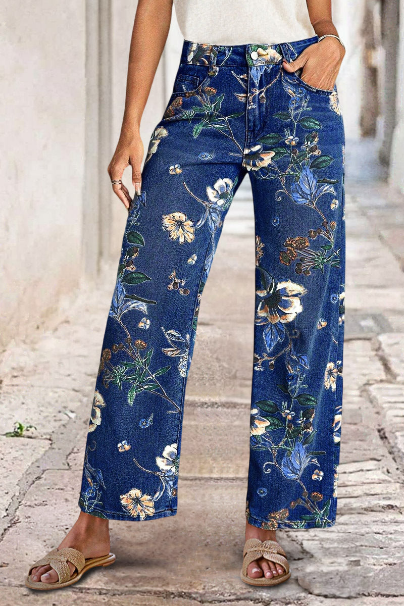 Allover Floral Pattern Straight Leg High Rise Crop Jeans