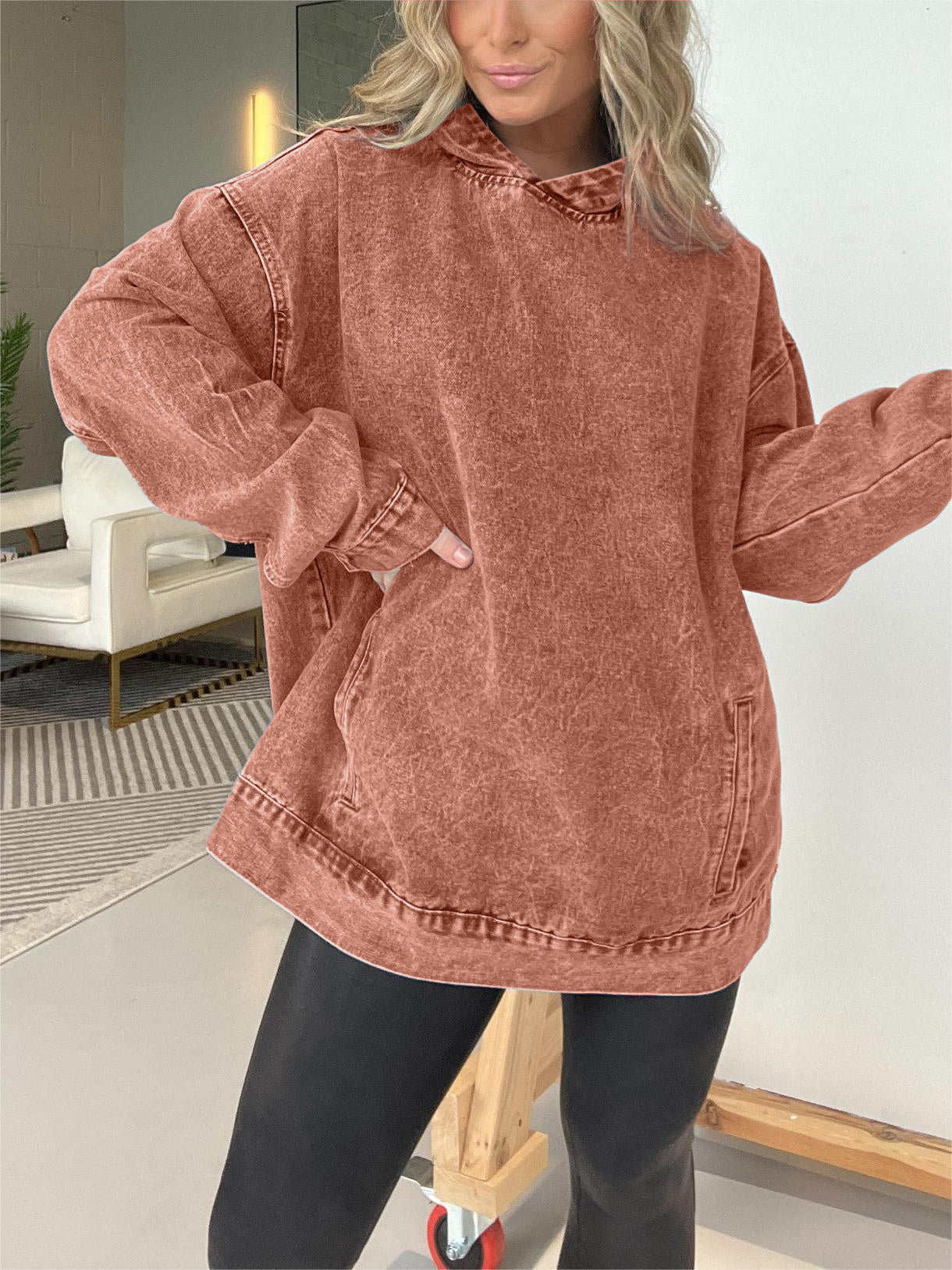 Denim Hooded Sweatshirt with Front Pockets