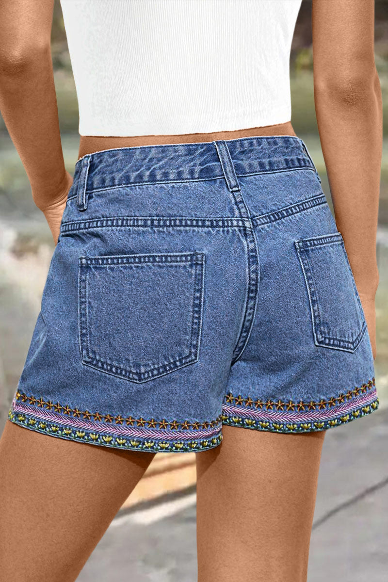 Wash Embroidery Mid Waist Denim Shorts
