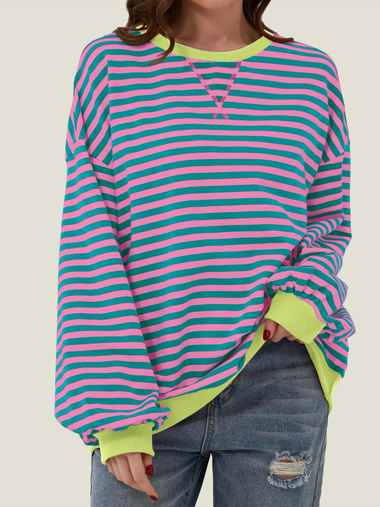 Women's Oversized Striped Long Sleeve Pullover