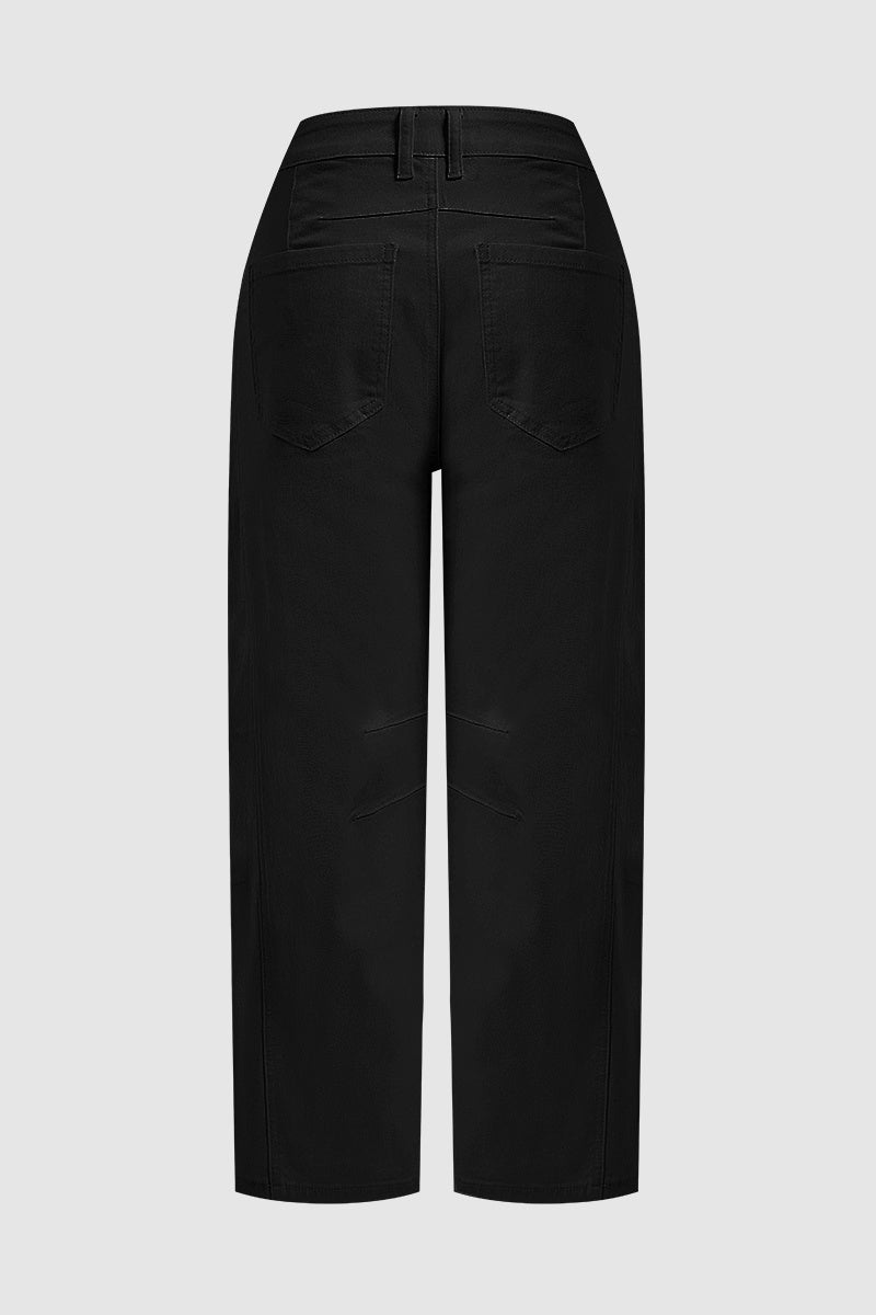 Solid Stitch Detail Mid Waist Crop Straight Leg Jeans Without Belt