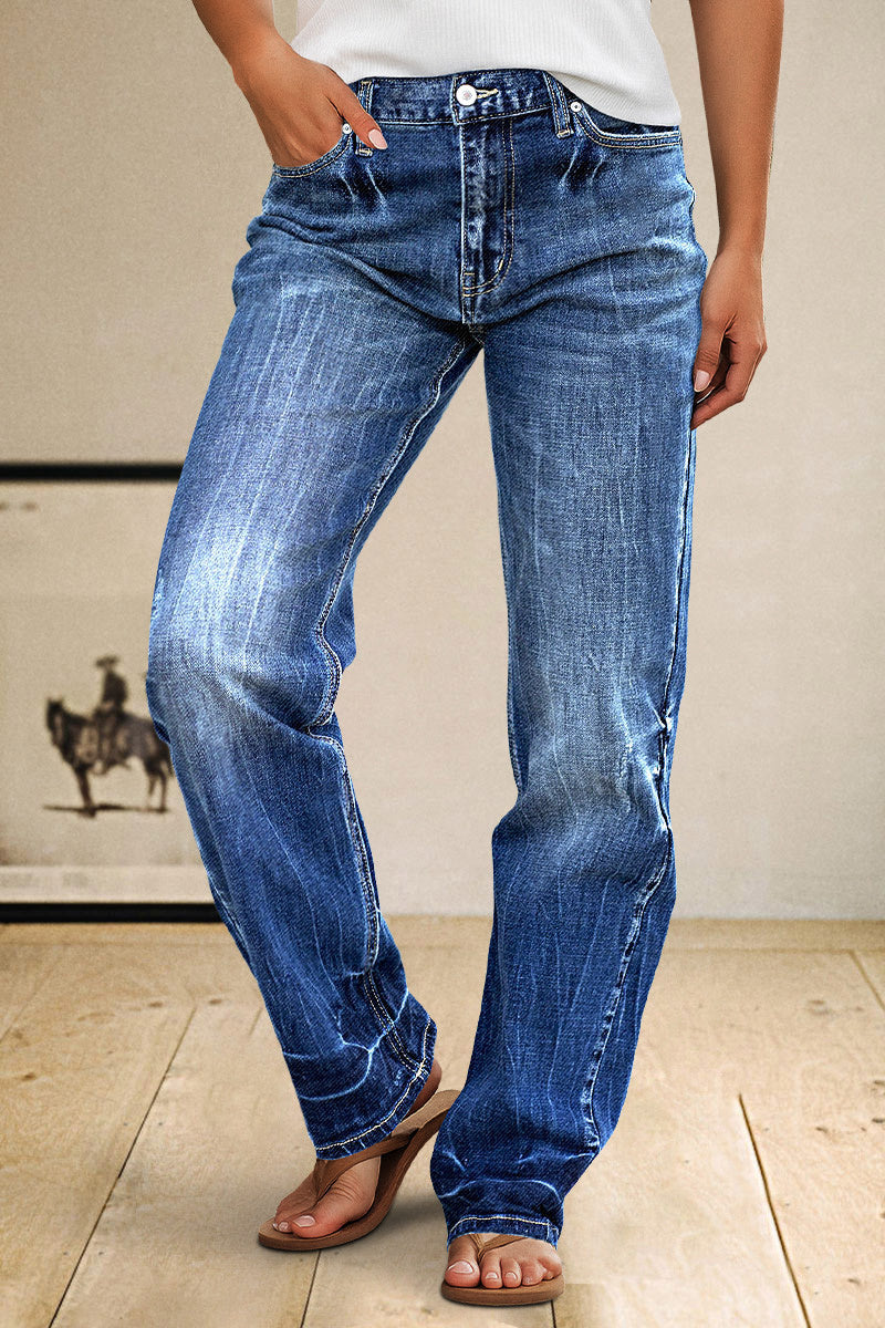 Wash Ripped Detail Mid Rise Straight Leg Jeans