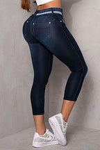 Wash Contrast Binding Double Button Drawstring Mid Waist Capri Jeans