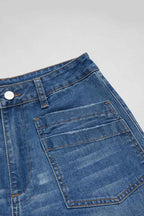 Wash Stitch Detail Raw Hem Crop Wide Leg Mid Rise Jeans