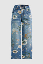 Allover Floral Pattern Straight Leg High Rise Crop Jeans
