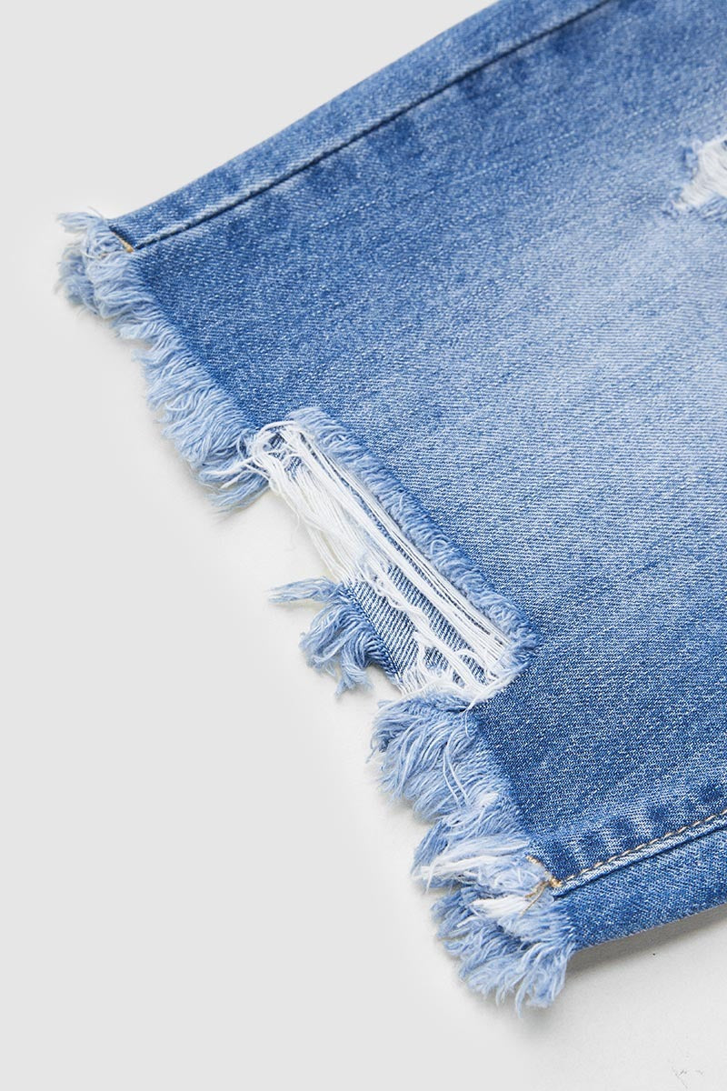 Raw Hem Ripped Mid Waist Denim Bermuda Shorts