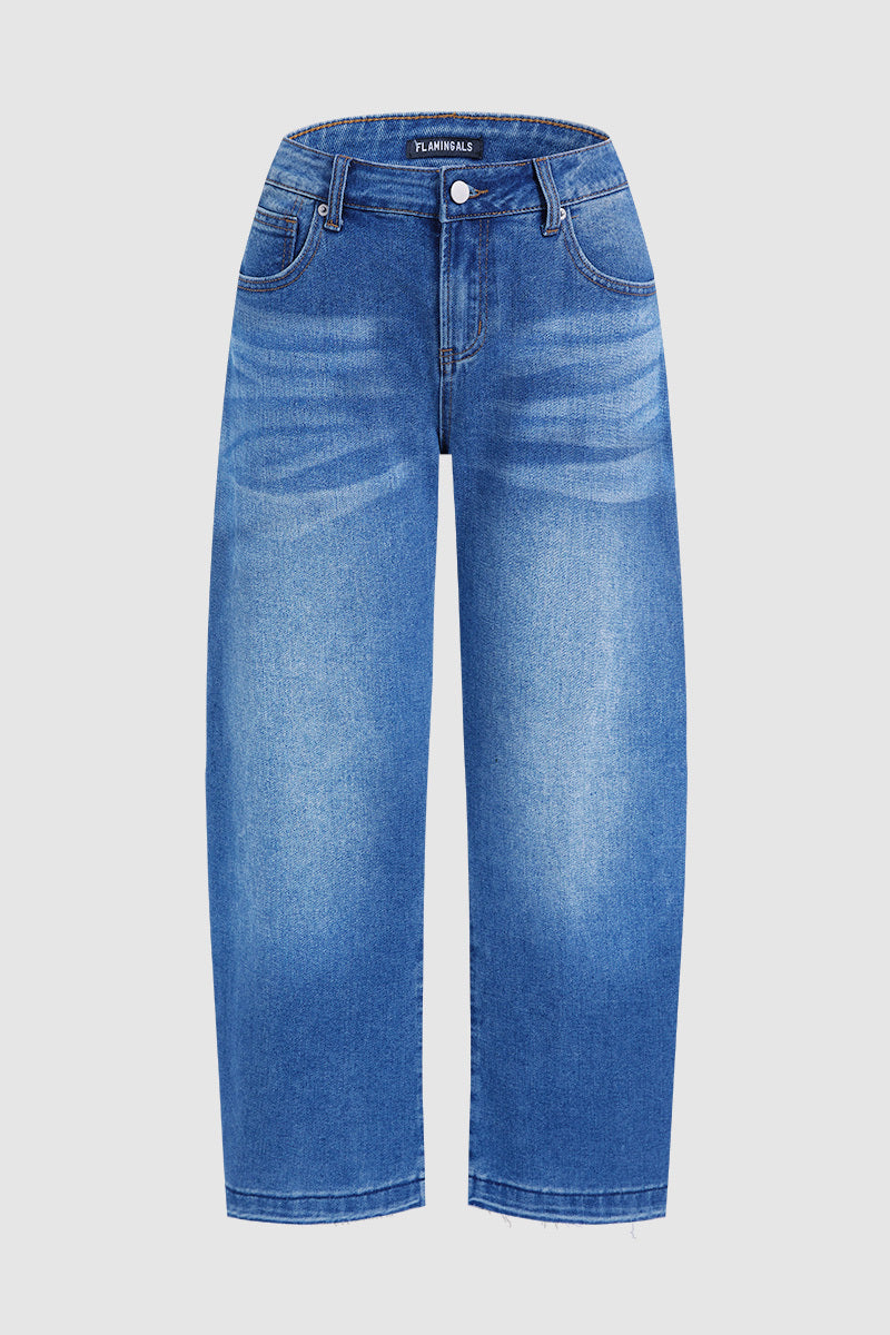 Wash Raw Hem Straight Leg Mid Rise Crop Jeans Without Belt