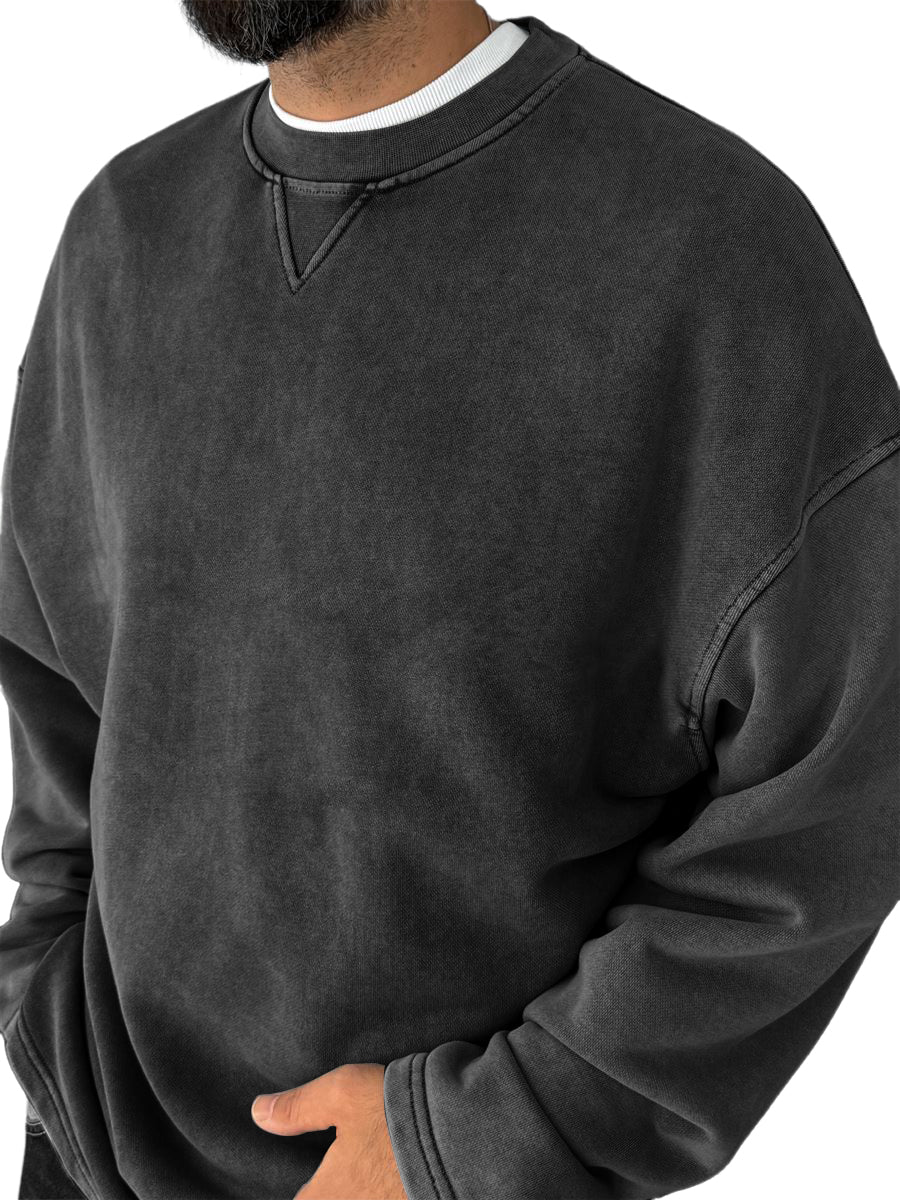 Men's Washed, Distressed, Vintage Casual Cotton Crew-neck Long-sleeved Sweatshirt