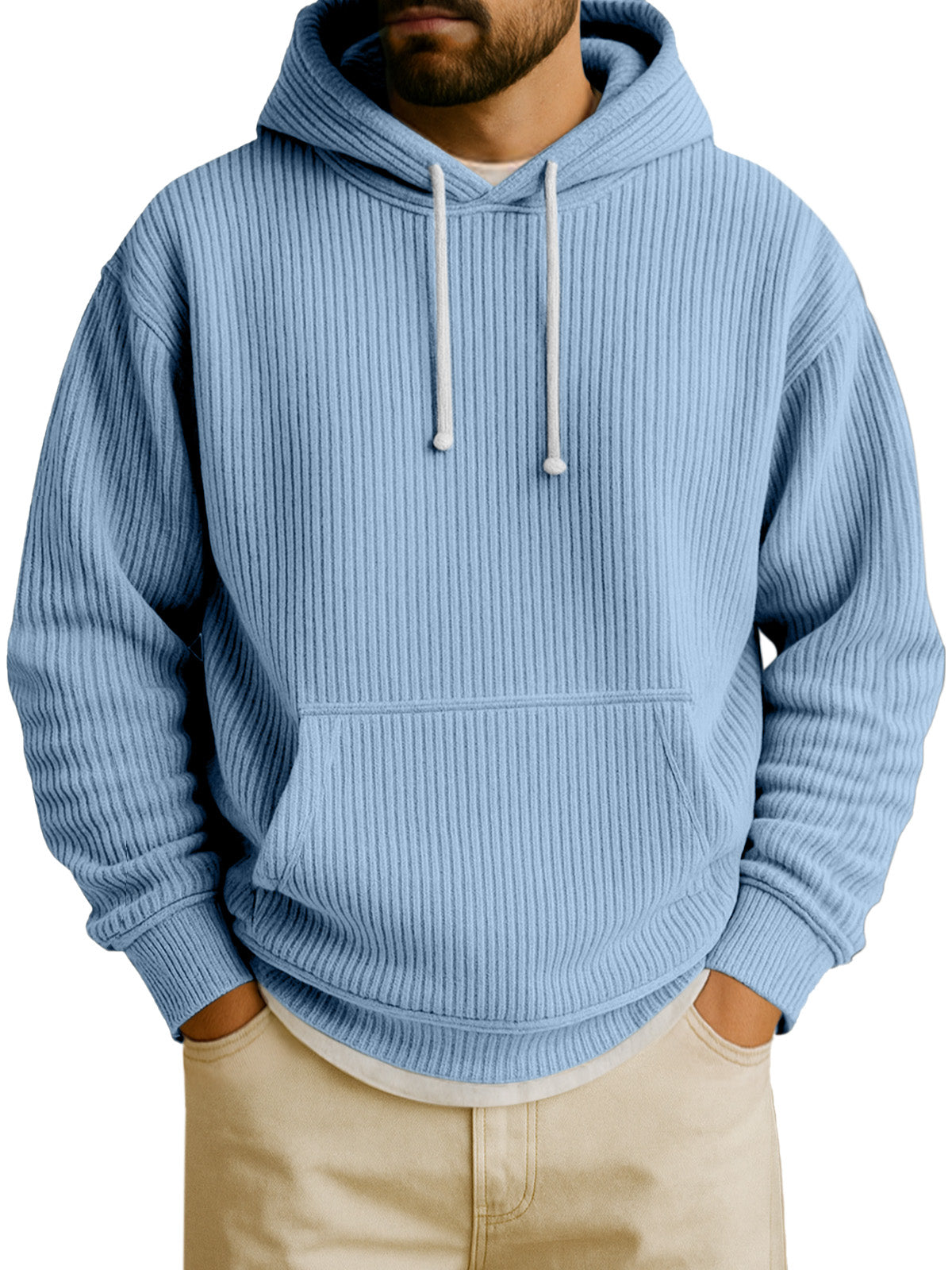Men's Simple Solid Color Vertical Pit Strip Long-sleeved Hooded Sweatshirt