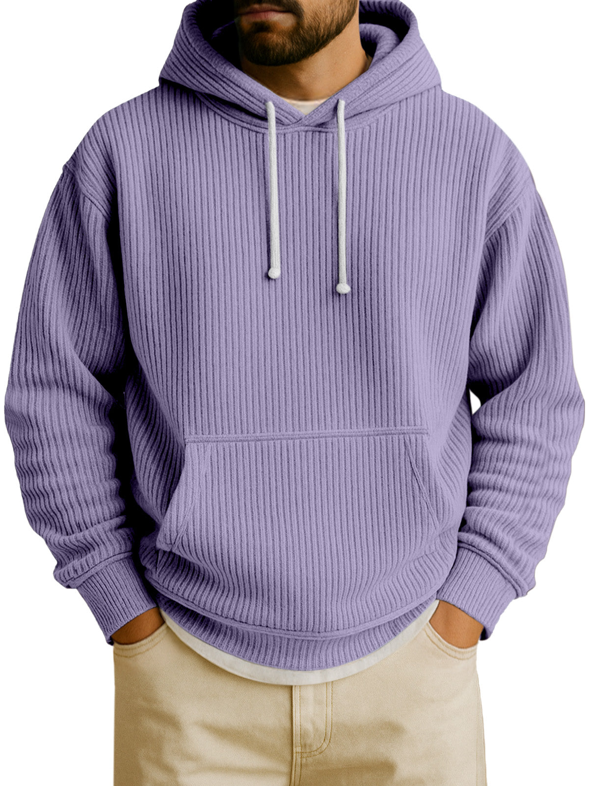 Men's Simple Solid Color Vertical Pit Strip Long-sleeved Hooded Sweatshirt