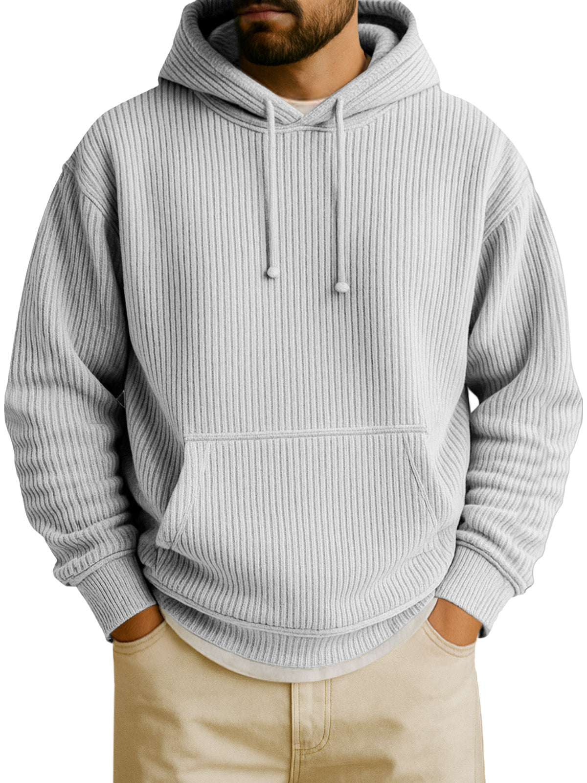 Men's Simple Solid Color Vertical Pit Strip Long-sleeved Hooded Sweatshirt