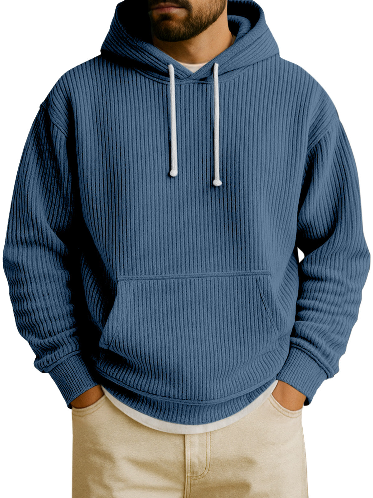 Men's Simple Solid Color Vertical Pit Strip Long-sleeved Hooded Sweatshirt