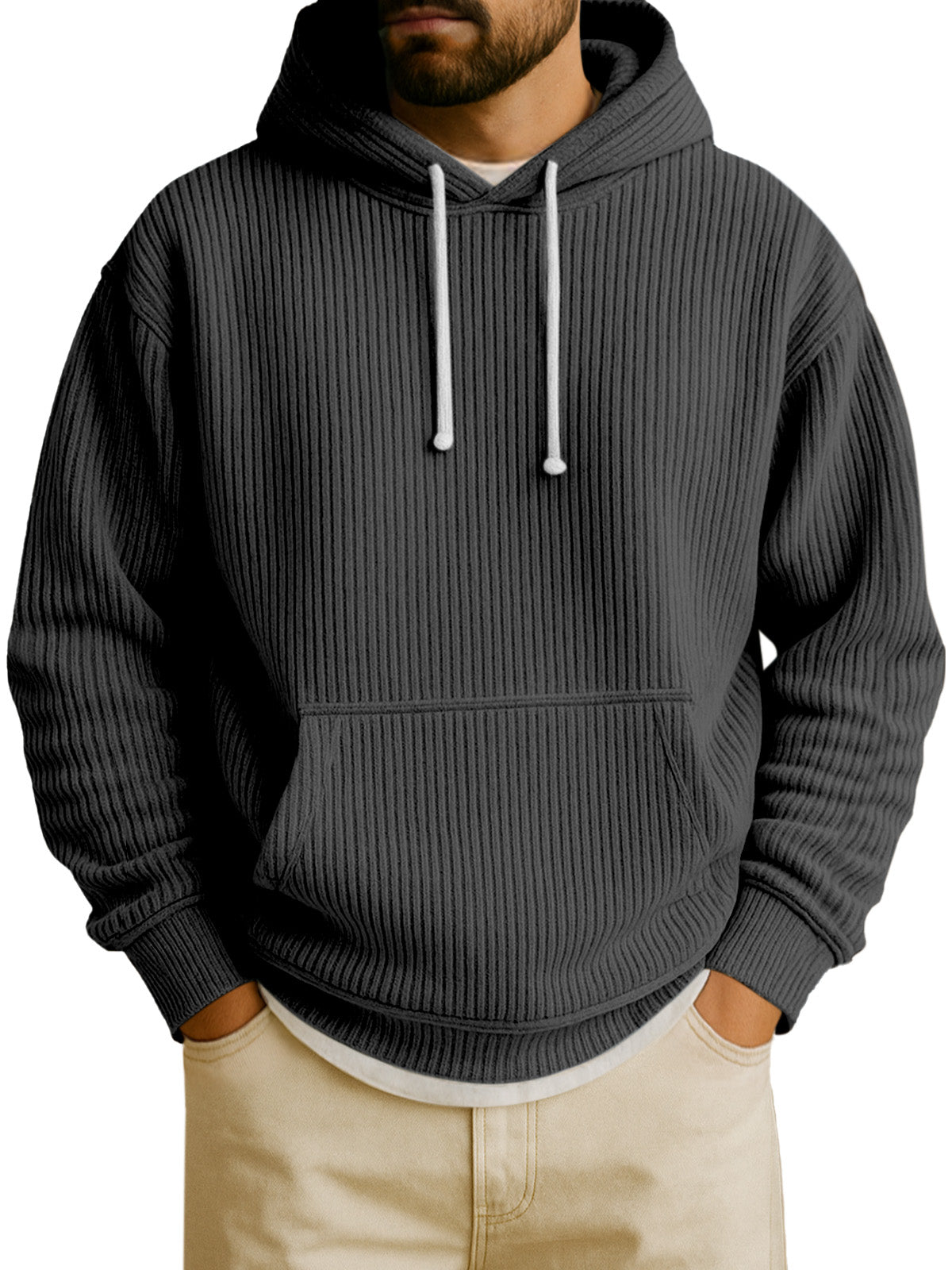 Men's Simple Solid Color Vertical Pit Strip Long-sleeved Hooded Sweatshirt