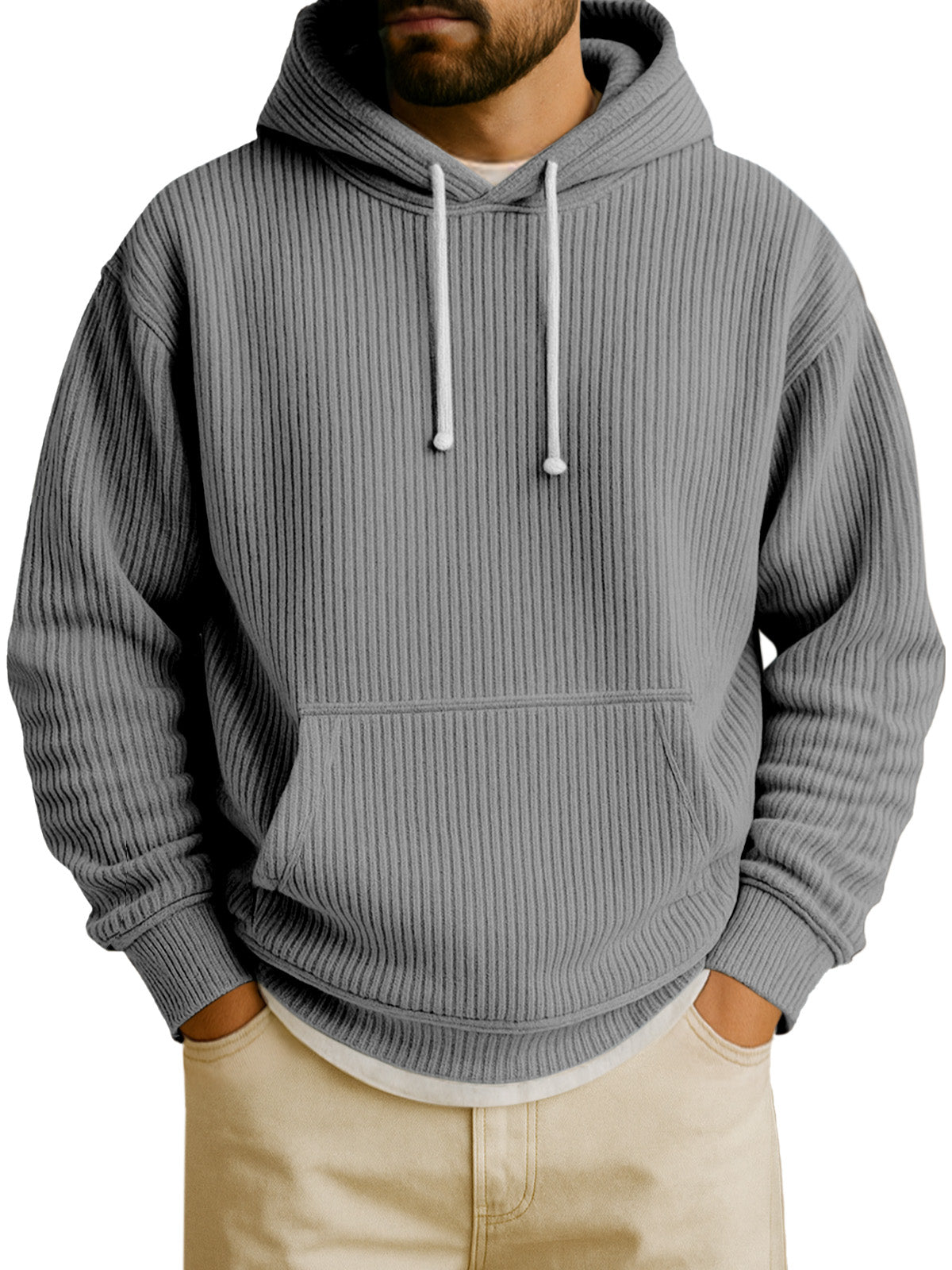 Men's Simple Solid Color Vertical Pit Strip Long-sleeved Hooded Sweatshirt