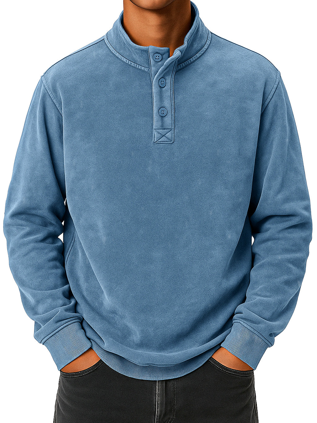 Men's vintage distressed stand collar button-down comfortable sweatshirt