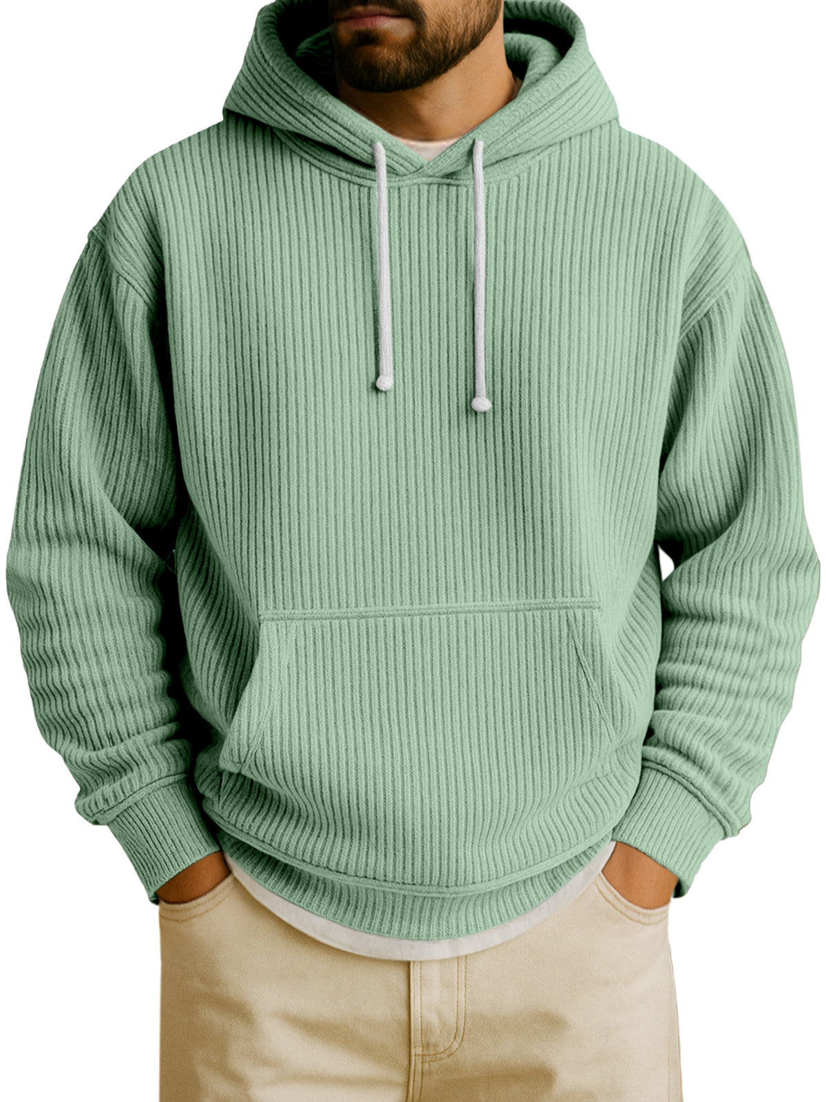 Men's Simple Solid Color Vertical Pit Strip Long-sleeved Hooded Sweatshirt