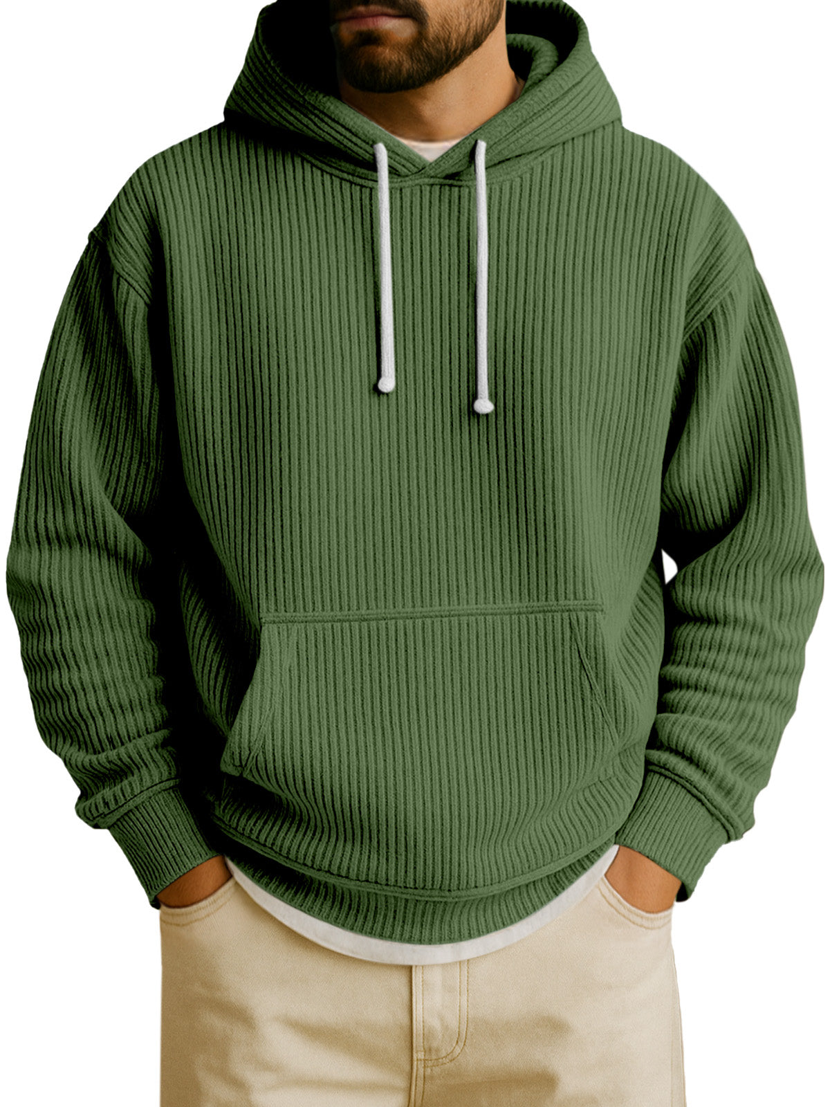 Men's Simple Solid Color Vertical Pit Strip Long-sleeved Hooded Sweatshirt