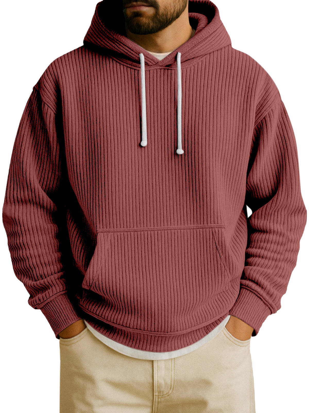 Men's Simple Solid Color Vertical Pit Strip Long-sleeved Hooded Sweatshirt