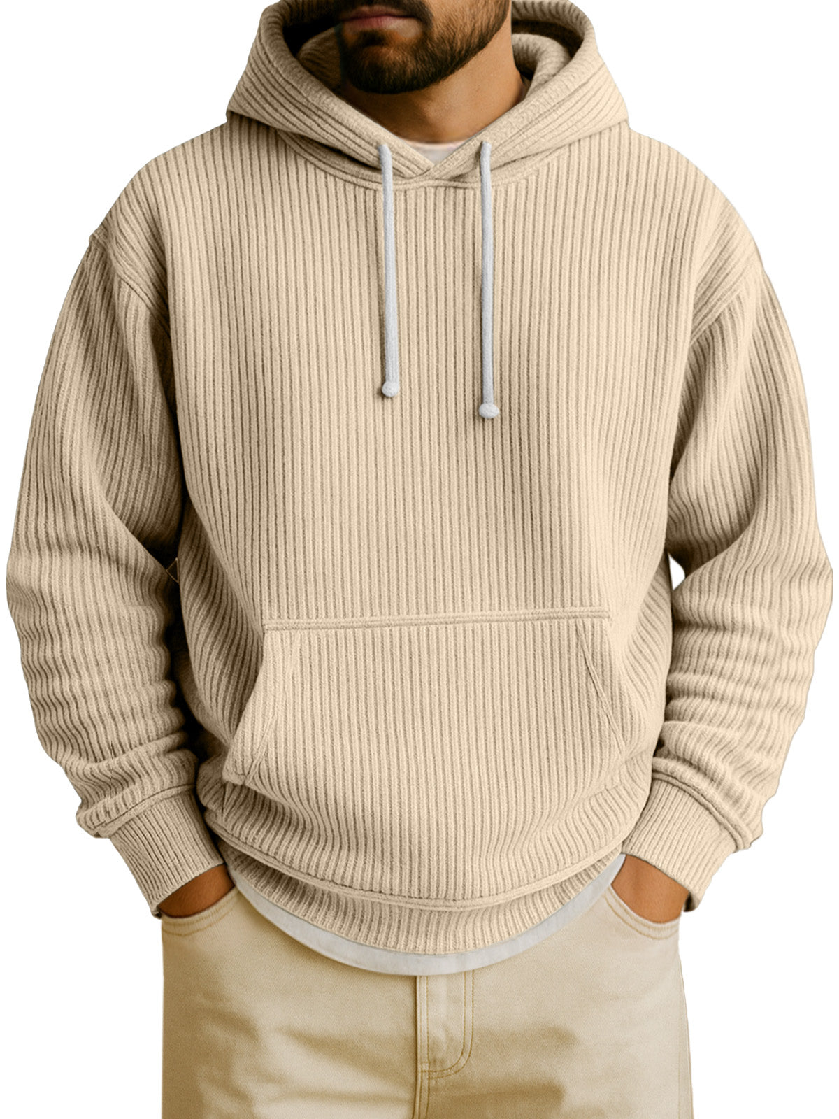 Men's Simple Solid Color Vertical Pit Strip Long-sleeved Hooded Sweatshirt