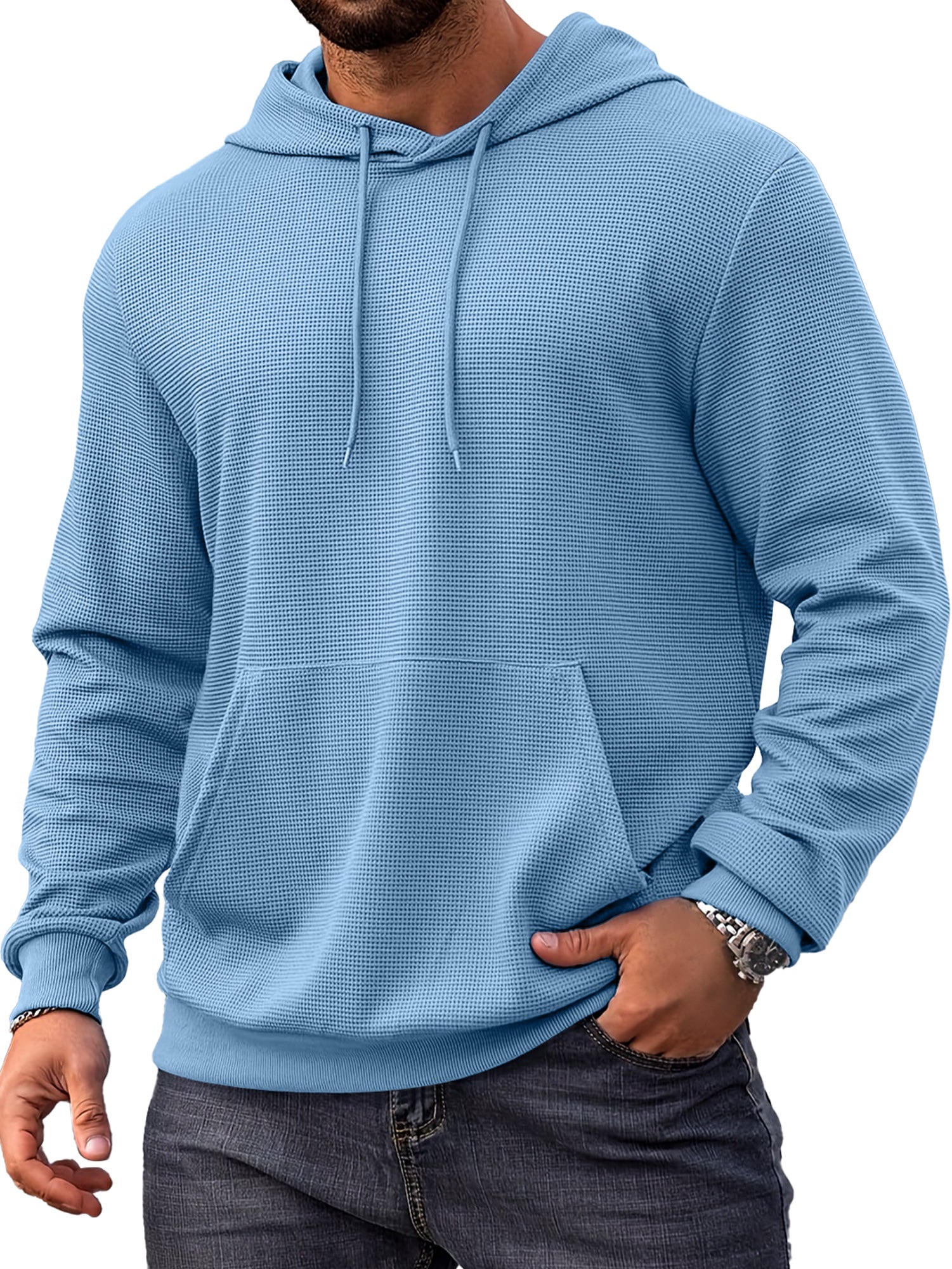 Men's Everyday Simple Waffle Comfortable Long-sleeved Hooded Sweatshirt