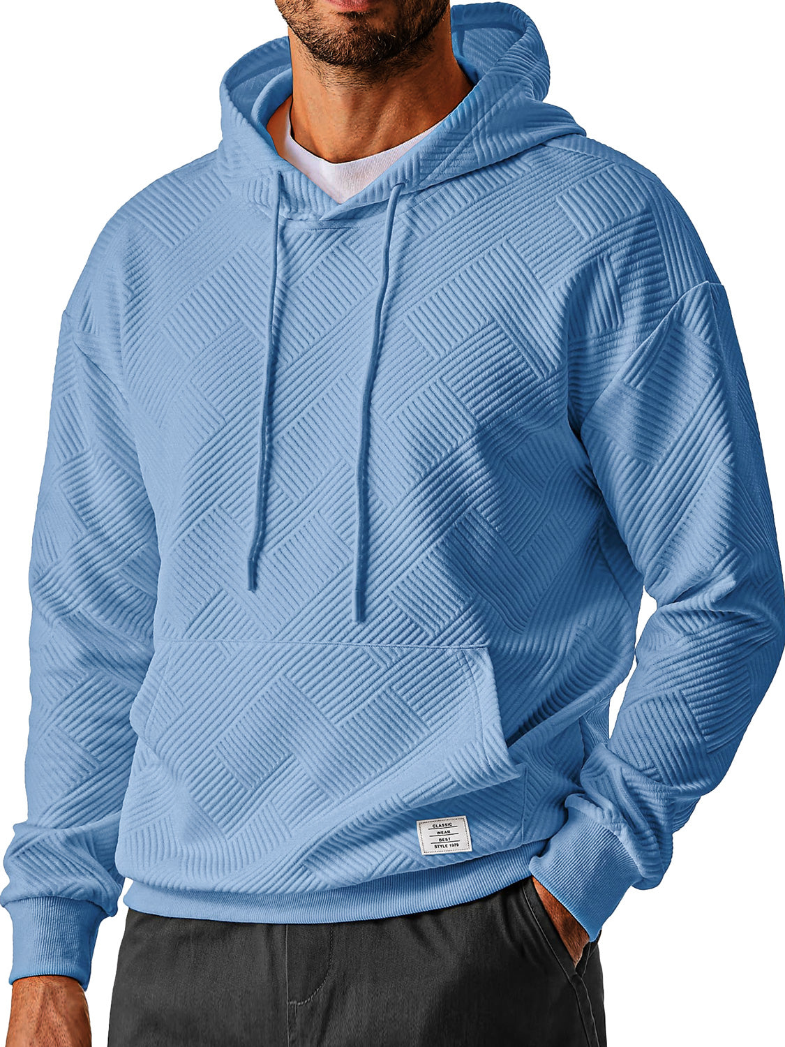 Men's Everyday Simple Textured Embroidered Logo Hooded Long-sleeved Sweatshirt