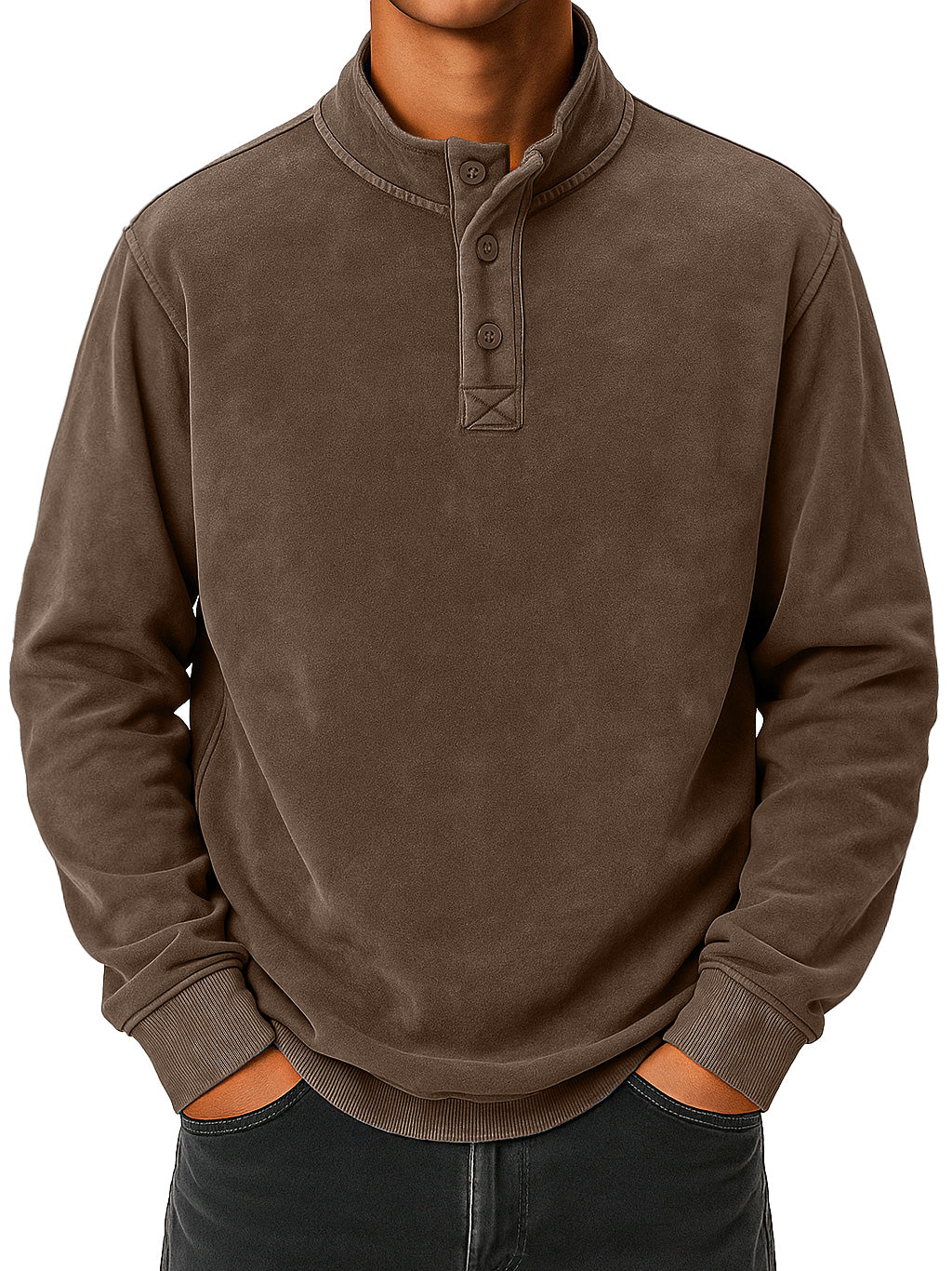 Men's vintage distressed stand collar button-down comfortable sweatshirt