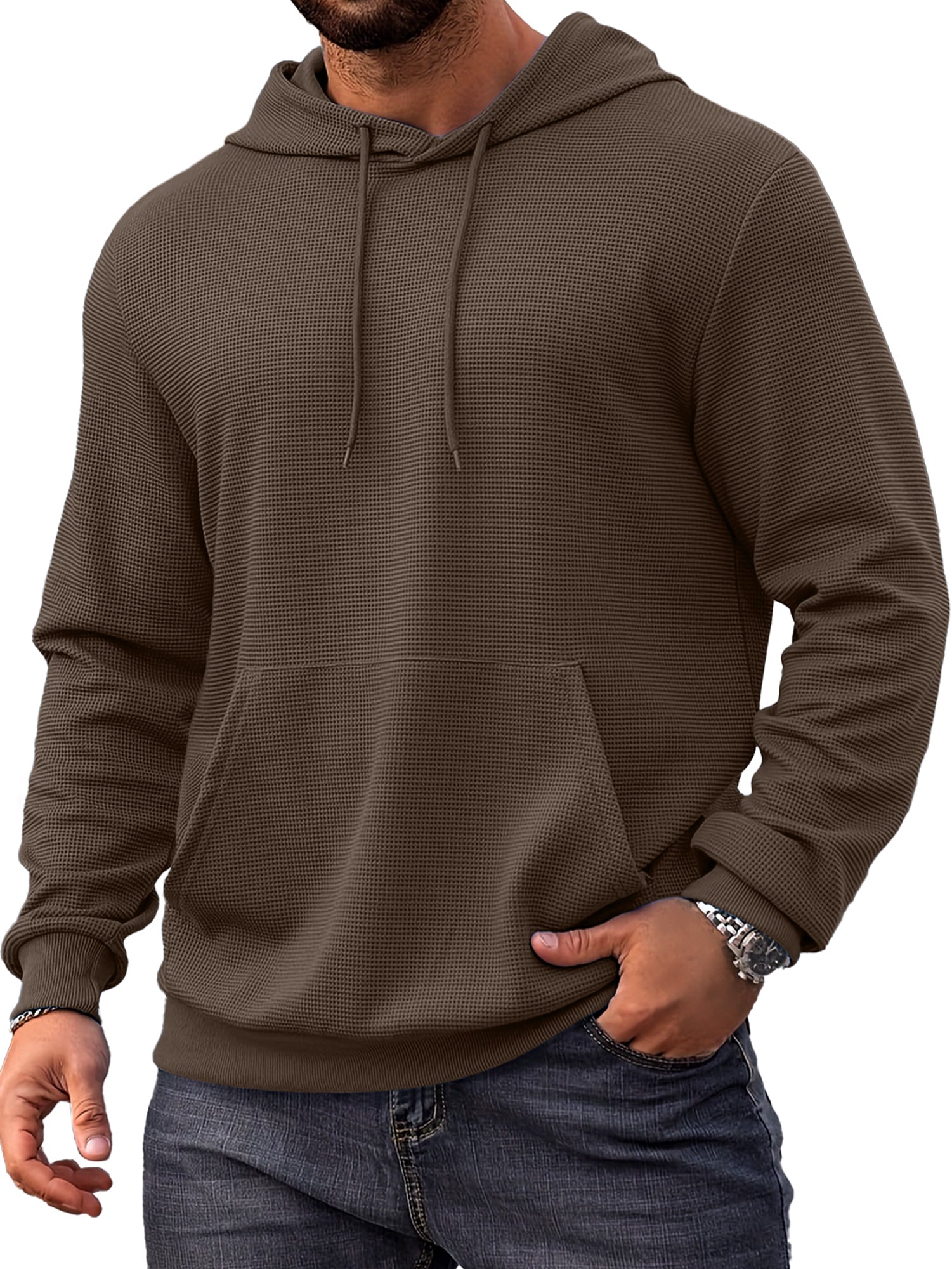 Men's Everyday Simple Waffle Comfortable Long-sleeved Hooded Sweatshirt