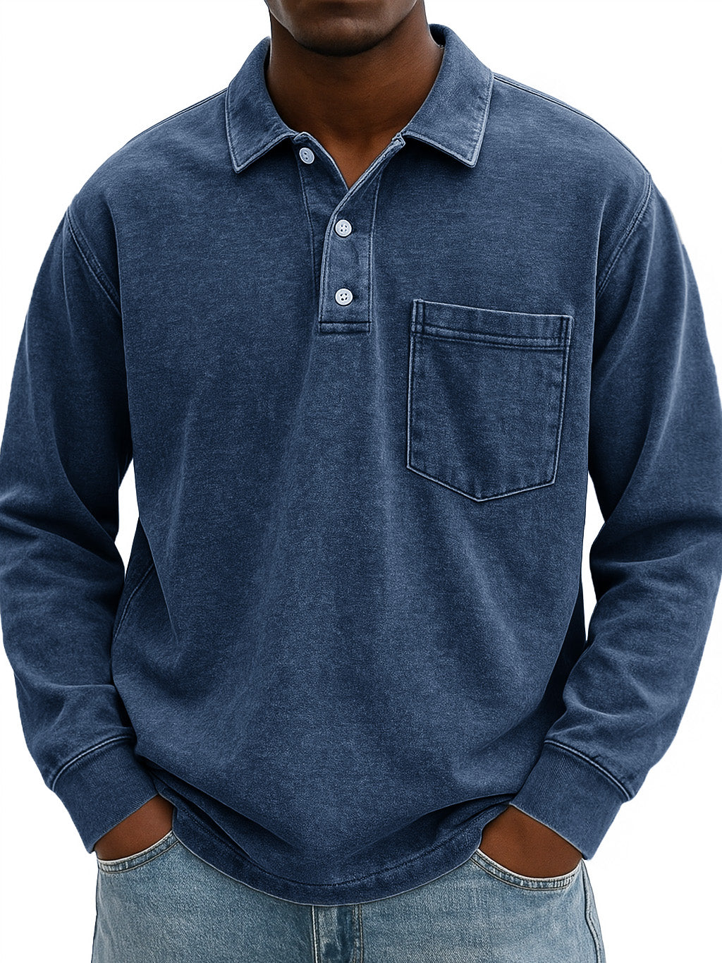 Men's Stylish Vintage Distressed Pocket Lapel Long-sleeved Polo Shirt 