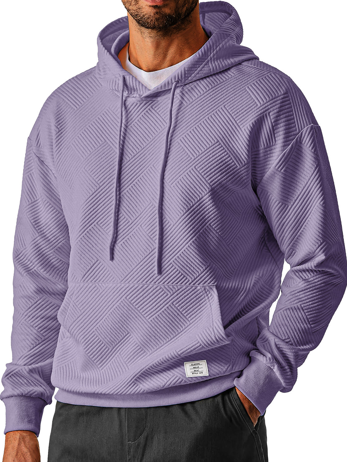Men's Everyday Simple Textured Embroidered Logo Hooded Long-sleeved Sweatshirt