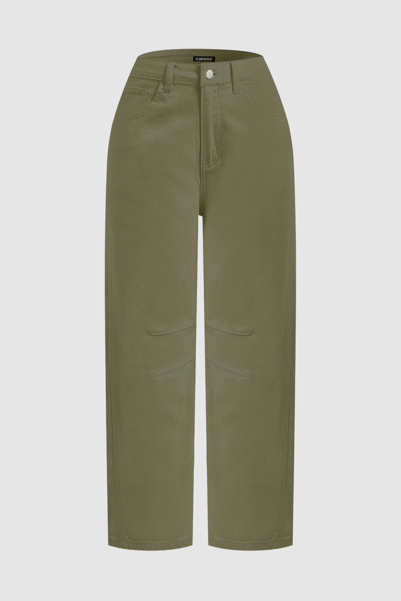 Solid Stitch Detail Mid Waist Crop Straight Leg Jeans Without Belt