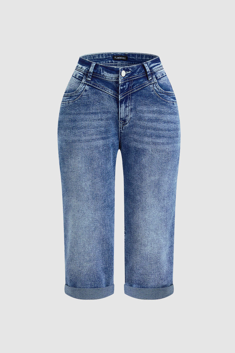 Wash Roll Hem High Rise Straight Leg Capri Jeans