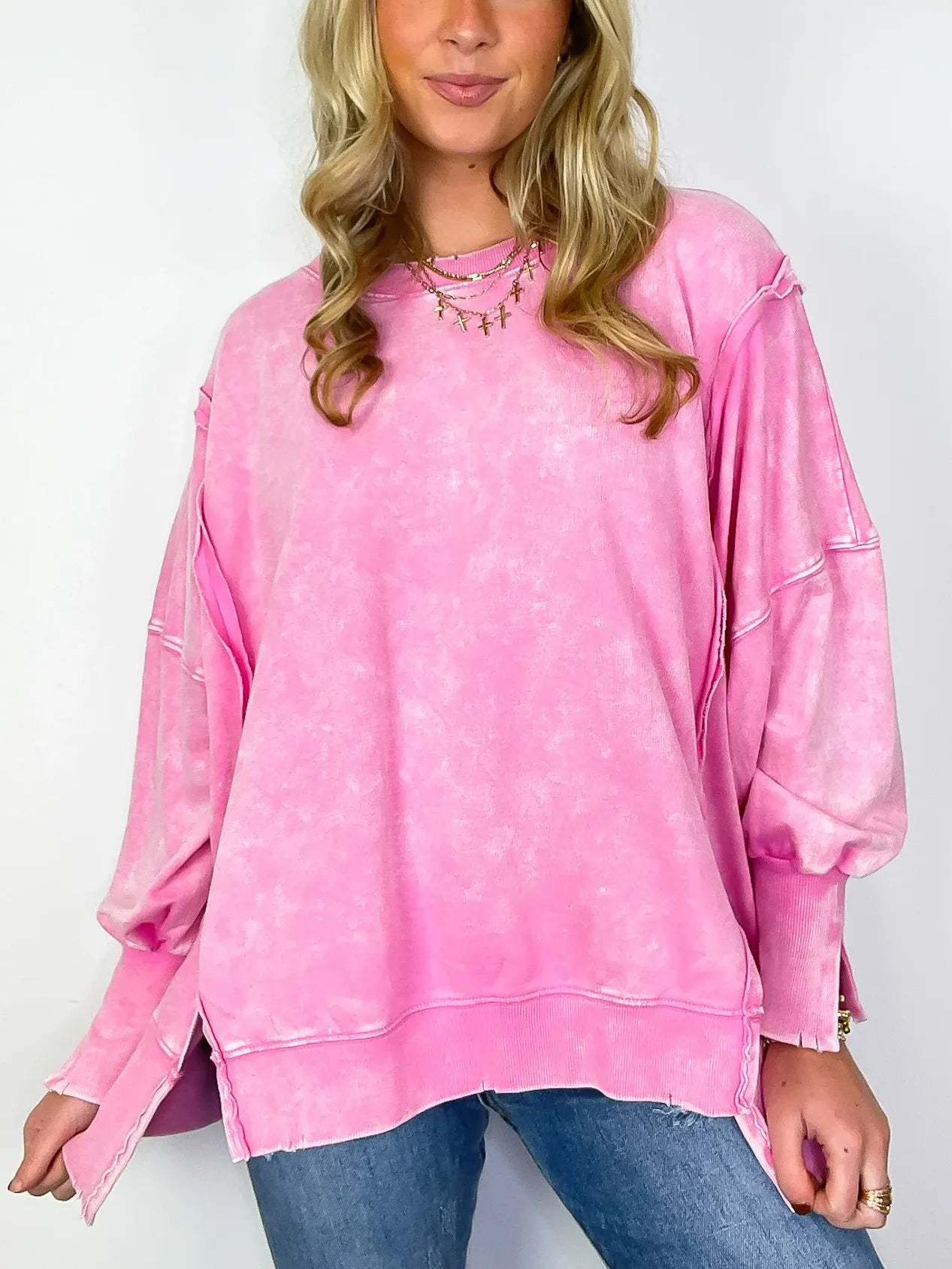 Women's Acid Wash Split Cuff Oversized Crew Pullover