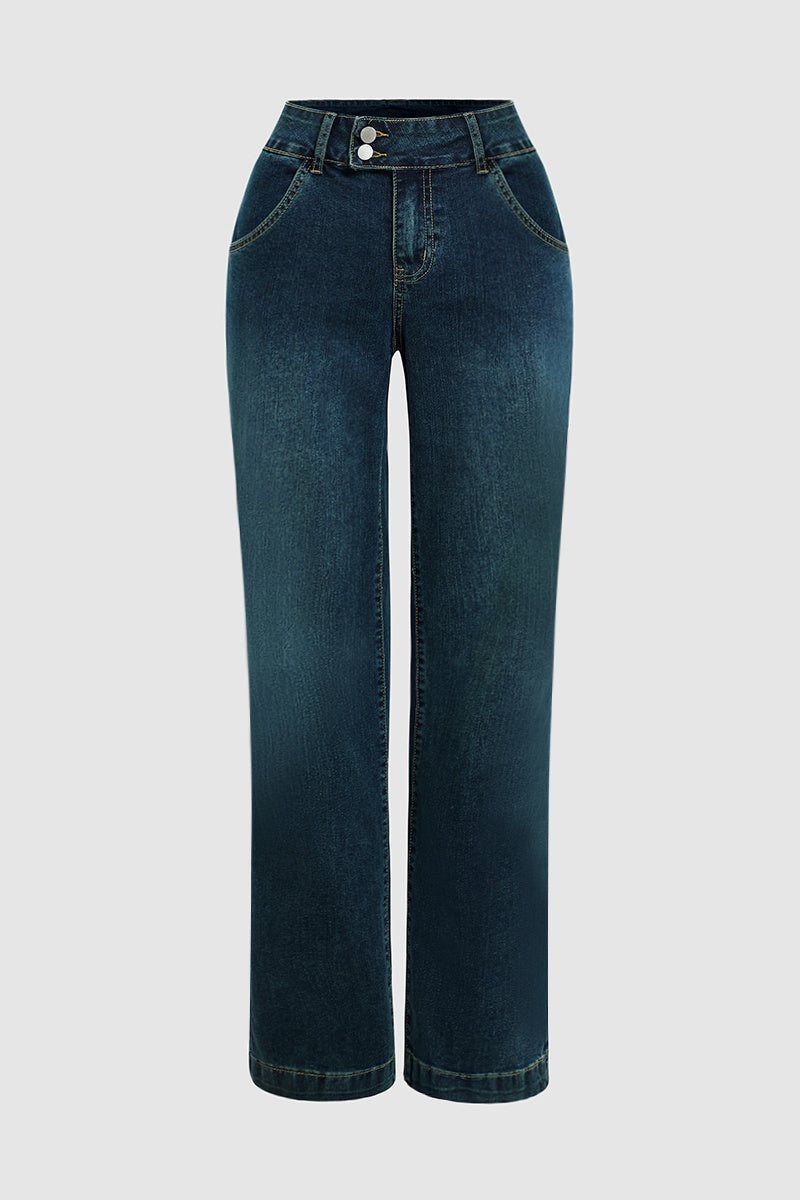 Vintage Oblique Button Mid Waist Straight Leg Jeans