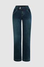 Vintage Oblique Button Mid Waist Straight Leg Jeans