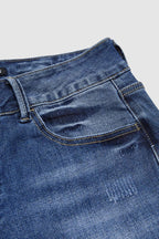 Roll Hem Ripped Double Button Mid Rise Straight Leg Jeans