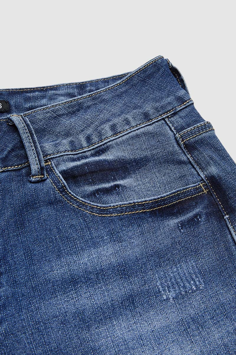 Roll Hem Ripped Double Button Mid Rise Straight Leg Jeans