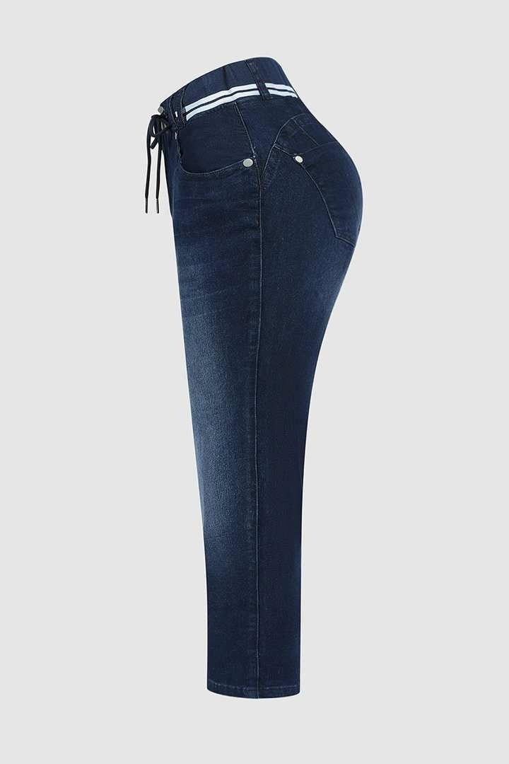 Wash Contrast Binding Double Button Drawstring Mid Waist Capri Jeans