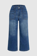 Wash Stitch Detail Raw Hem Crop Wide Leg Mid Rise Jeans