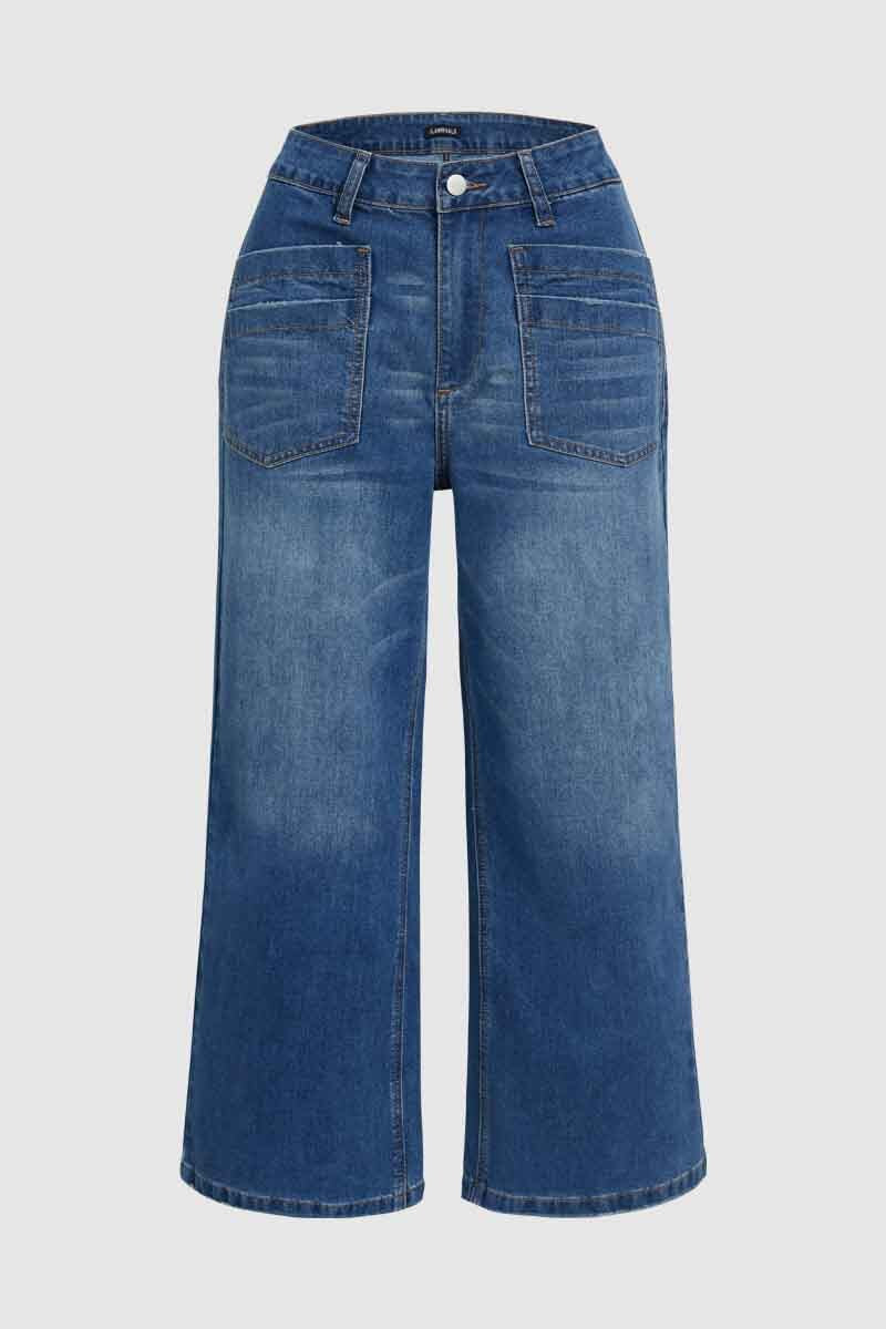 Wash Stitch Detail Raw Hem Crop Wide Leg Mid Rise Jeans