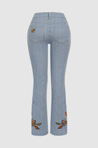 Striped Pattern Embroidered Low Waist Bootcut Jeans
