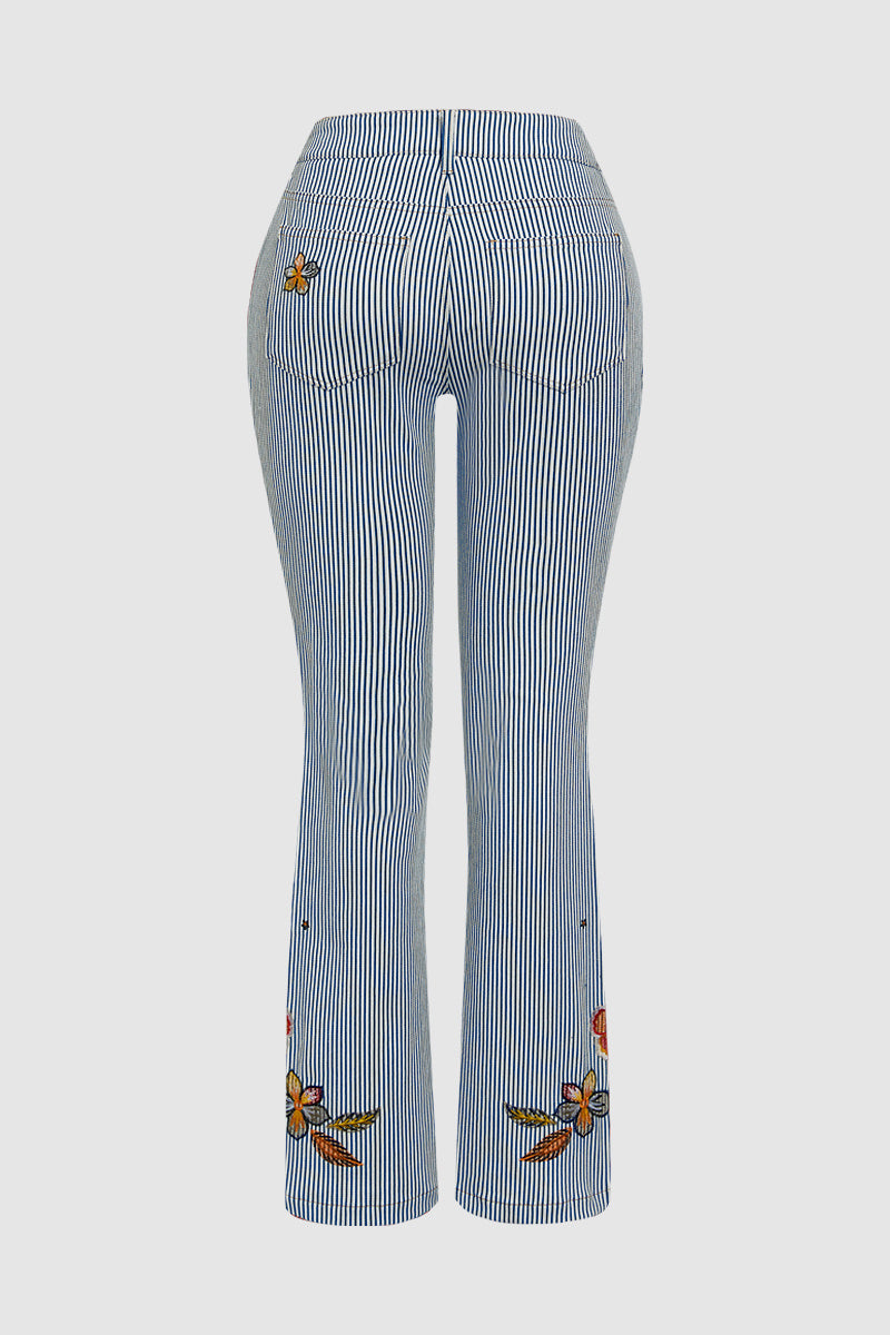 Striped Pattern Embroidered Low Waist Bootcut Jeans
