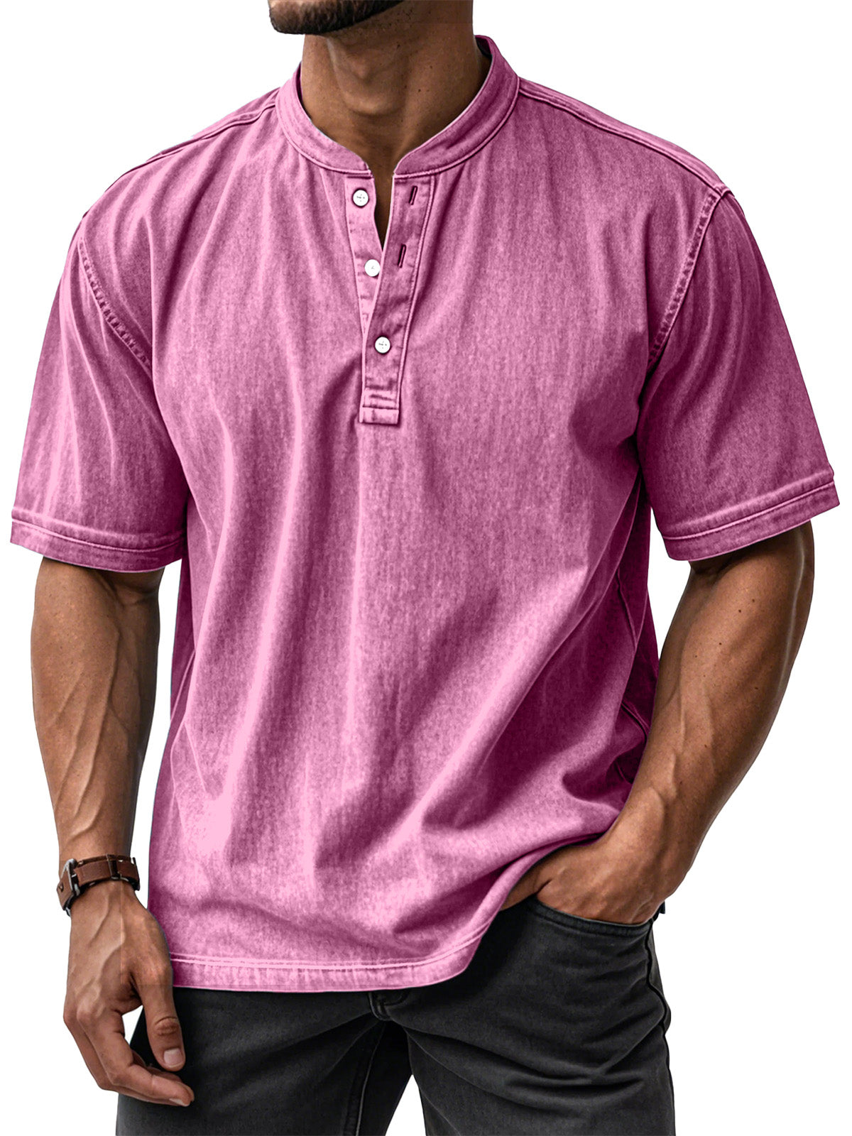 Men's Casual Solid Color Vintage Loose Short Sleeve Button-down Henley Shirt