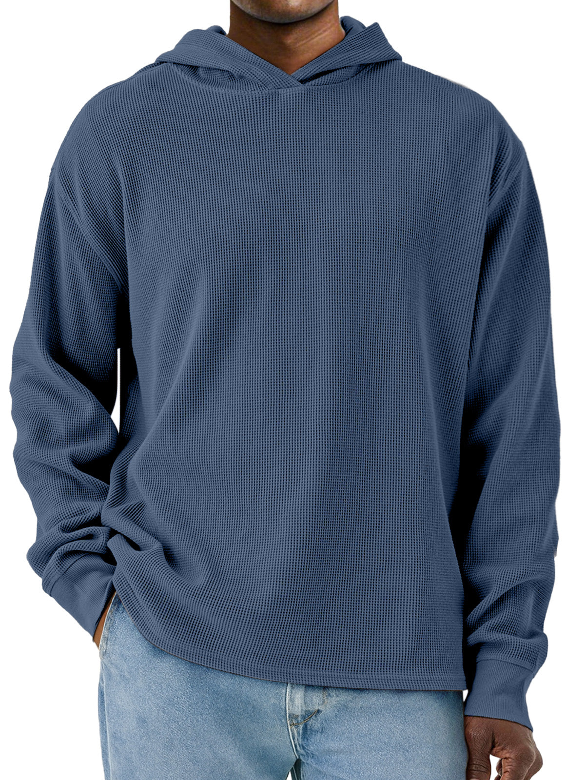 Men's Simple Solid Color Waffle Long Sleeve Hooded Sweatshirt